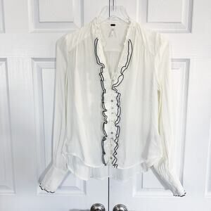 Free People White Ruffle Front Button Down Blouse Romantic Victorian Poetcore